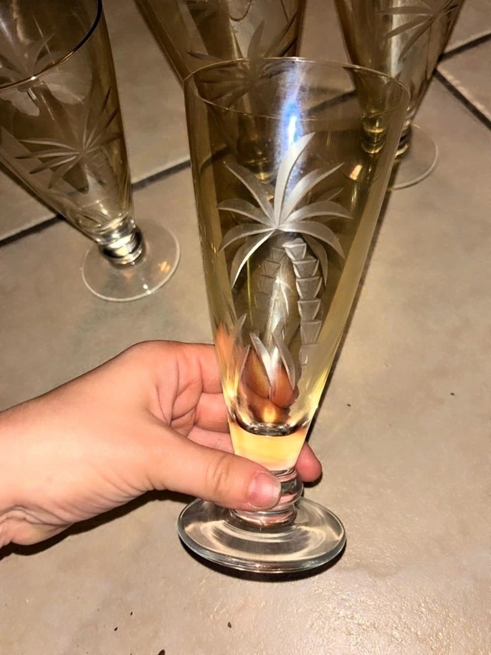 Etched Stemmed Glasses in Brown & Clear